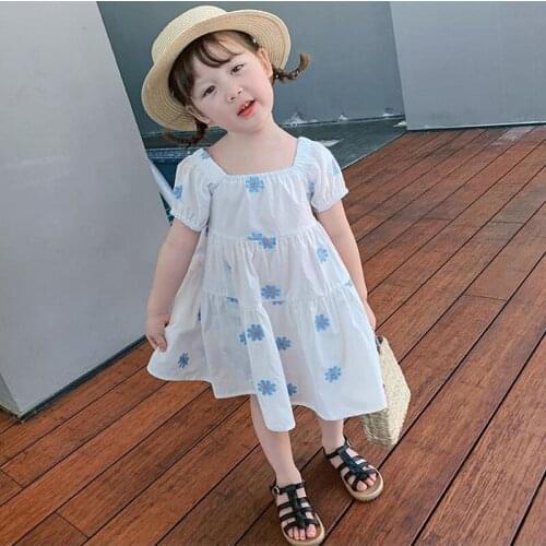 White Kids Dresses For Girls Summer Sun Flower Short Sleeve Dress Cotton Cute 1-6 Year Old Baby Girl Clothes Princess Dress