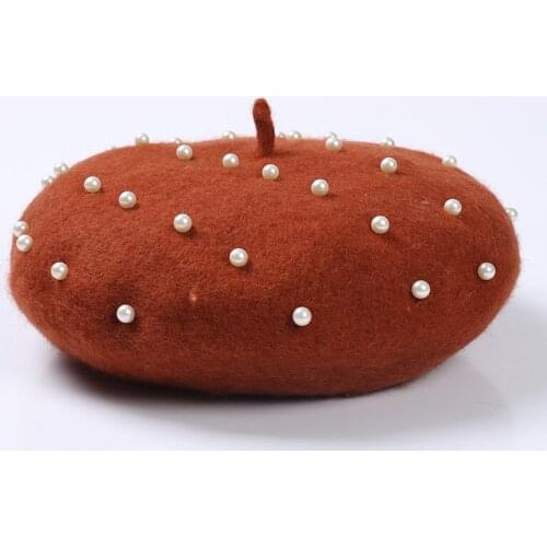 Bonnets Beret hat women wool solid color beret pearl retro hat retro plain beret hat warm hat elegant ladies winter hat