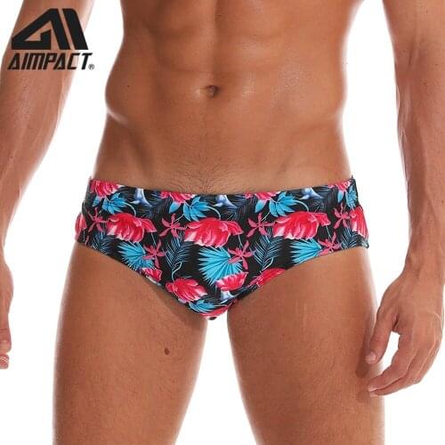 AIMPACT Mens Bikini Briefs Sexy Colorful Red Flower Low Rise Swimming Surf Shorts Swimsuit Fashion Swimwear Beach Trunks AM8125