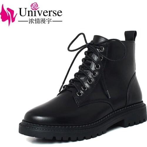 Universe K189 Thick Sole Zipper Ankle Boots Med Heels Handmade Genuine Leather Lace Up Martin Boots