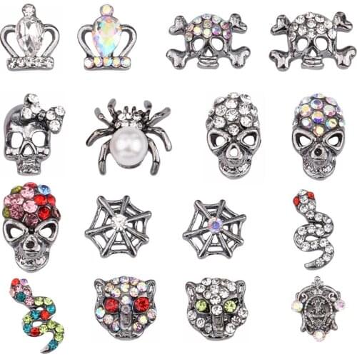 Black Glitter Nail Art Decor Crown Jewelry Rhinestones 3d Halloween Skull Spider Net Snake Desinger Nail Charms Supply TJ150