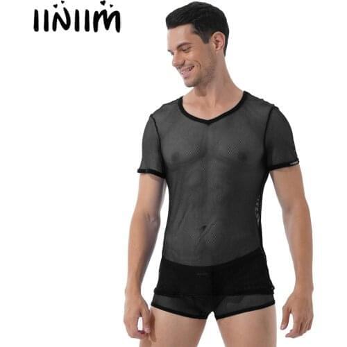 Breathable Mens Exotic Set Hollow Out Mesh Lingerie Sets See-through V Neck Short Sleeve T-shirt Top with Elastic Boxer Shorts