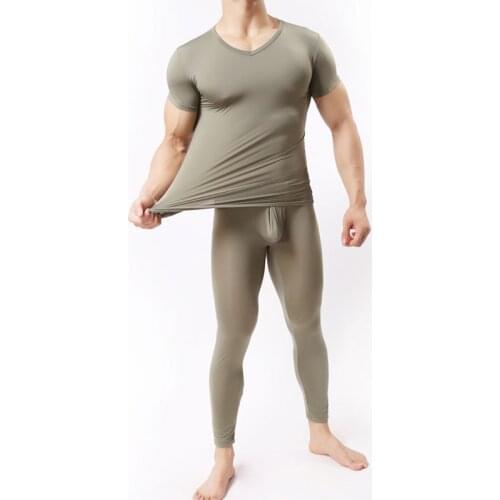 1 Set New Brand Sexy Men See Through Ice Silk T-shirts No Seaming Tee Thin Light Standard Man T-shirt Cool Pajamas FX1037