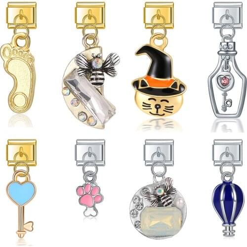 Hapiship Fashion Spider Heart Key Footprints Hot Air Balloon Italian Charm Fit 9mm Stainless Steel Bracelet Jewelry Making DJ270