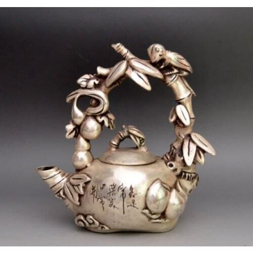 Exquisite Collectible Tibet Silver Carved Bird On Grape Tree TeaPot Statues RT