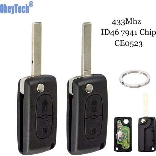 OkeyTech for Peugeot Partner 207 307 308 407 Remote Flip Key with Key Ring 2 Button CE0523 433Mhz ID46 PCF7941 Chip Blank Blade