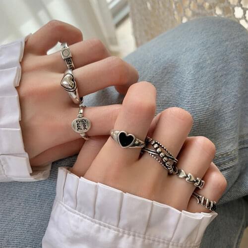 Fashion Retro Love Open Rings for Women Lady Simple Ancient Silver Color Cute Adjustable Ring Female Aesthetic Set Vintage Emo