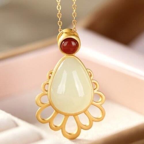 Natural Hetian white jade South Red Water Drop Shaped Pendant Necklace Chinese style palace style unique womens silver jewelry