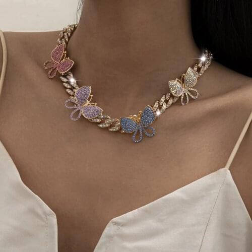 Punk Crystal Miami Cuban Chain Butterfly Necklace for Women Kpop Luxury Rhinestone Thick Choker Necklace Fashion Jewelry Gifts
