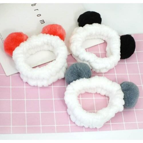 Q Women Headwear Hair Accessories Soft Coral Fleece Cute Panda Ear Stretch Headband Girl Wash Makeup Mask Hair Bands Head Wraps