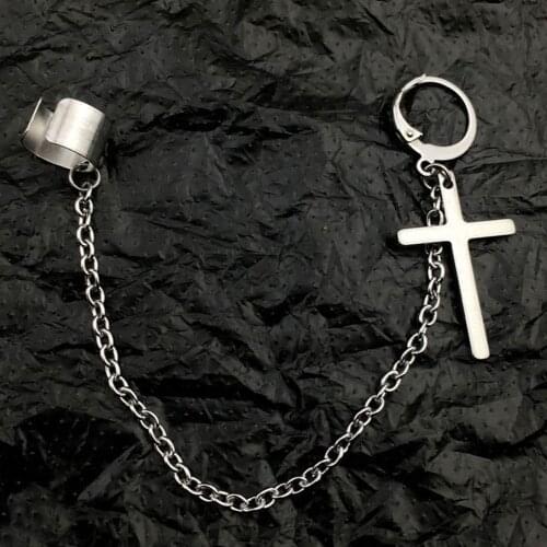 2Pcs Simple Buckle Pin Hook Big Cross Tassel Chain Ear Piercing Stud Earrings For Women Men Fake Helix Piercing EarCuff Jewelry