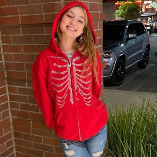 Y2K Diamonds Skull Print Zip-up Hoodies Autumn Long Sleeve Coat Jacket Y2K Gothic Women Sweatshirt E-girl Harajuku Streetwear