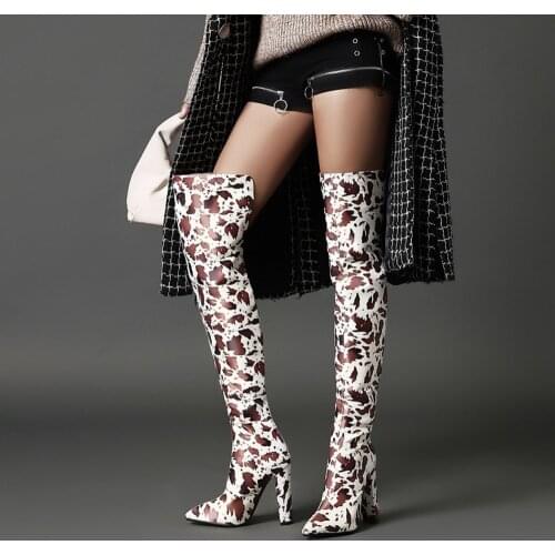 US4-11 Womens Pointy Toe Over The Knee Boots Match Colors Printed Block High Heel Long Slim Fit Shoes Sexy Plus Size New 2021