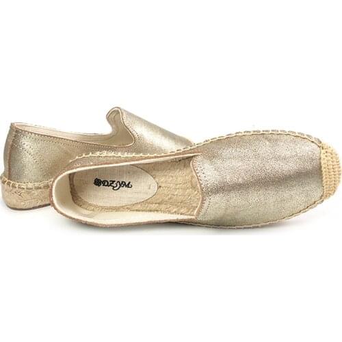 Women 2019 spring platform loafers, Womens Smoking Slipper,close toe genuine leather espadrilles gold color