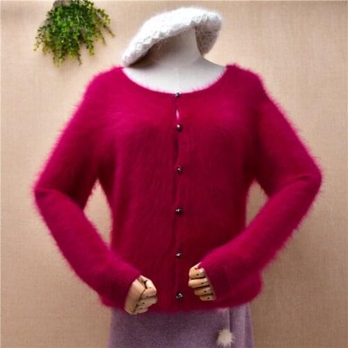 Female women fashion pull rose mink cashmere knitted long sleeve loose short cardigan angora fur winter jacket coat pull sweater