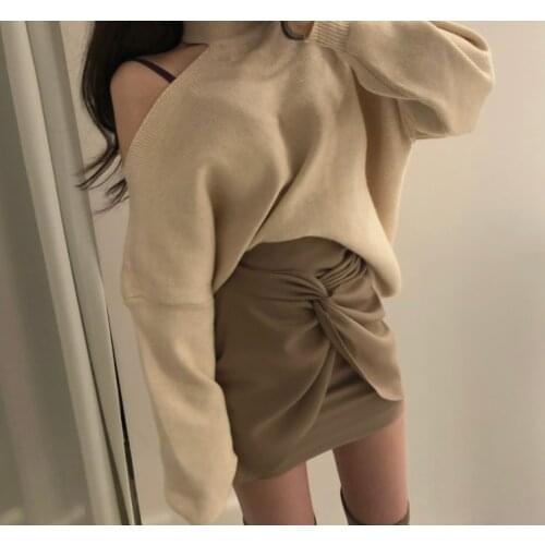 2021 New Halter Bare Shoulders Knitted Office Ladies Winter Autumn Loose Irregular Casual Elegant High Street Sweaters Tops