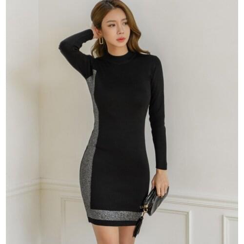 Vintage Autumn Dresses Women Knitted Pencil Dress Elegant Korean Simple O-neck Bodycon Work Office Vestidos