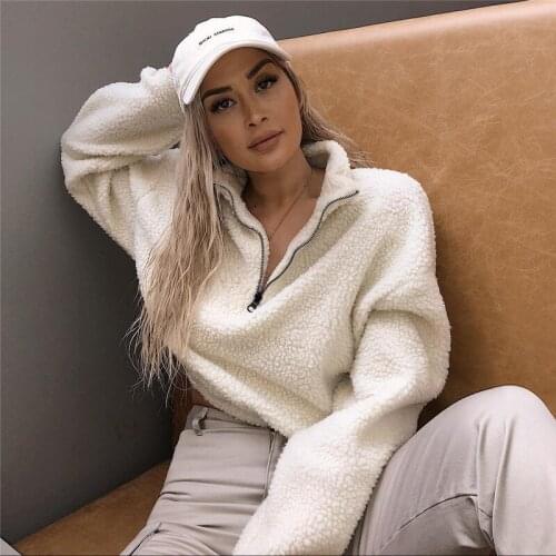 2018 Sexy Women Lambs Wool Warm Pullovers Zipper Turn Down Hoodies Navel Bare Cropped Tops Long Sleeve Loose Casual Sweatshirts