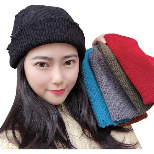 4 Colors Adult Knitted Hats Women Universal Solid Color Ripped Melon Leather Knitted Hats for Autumn and Winter-Beanie Ear Caps