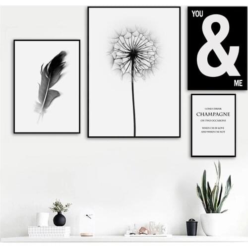 Abstract Dandelion Plant Poster Black And White Feather Art Prints Quotes Canvas Painting Nordic Pictures Living Room Decoration