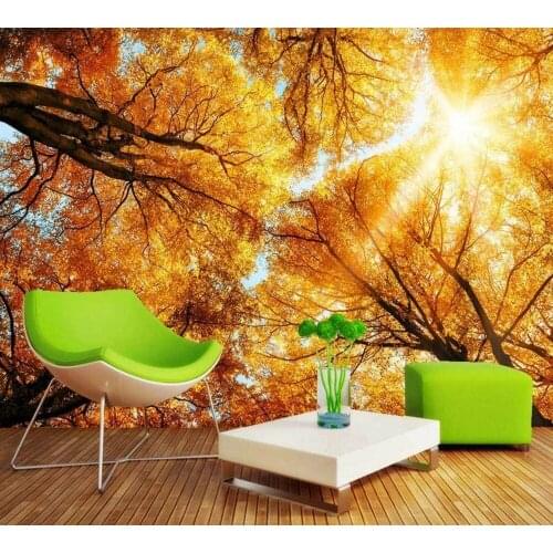 Free Shipping Sunny Autumn Golden Forest TV Background Wall Custom 3d Mural Living Room HD Wallpaper Beautiful Scenery Wallpaper
