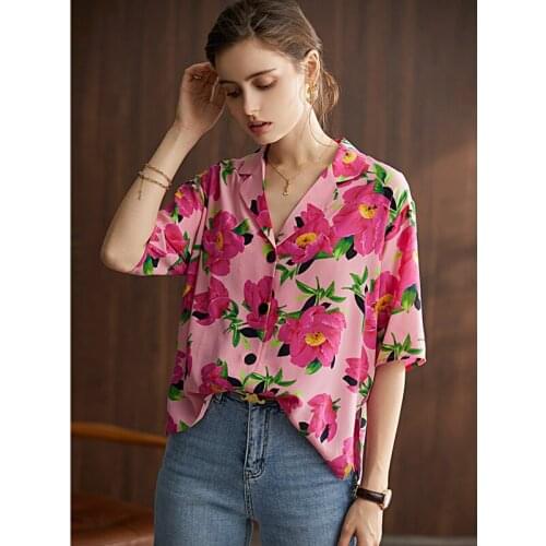 Blouse Women Casual Style 100 % Silk Printed Turn-down Collar Short Sleeves High Quality Loose Shirt Ladies New Fashion
