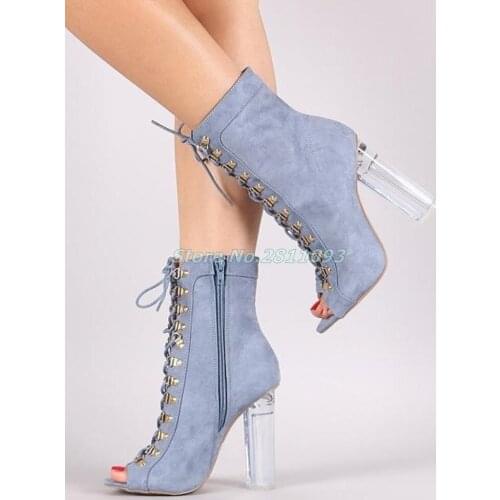 Peep Toe Transparent Heel Booties Women Shoes Fashion Denim Blue Cross Tied Lace up Size 34-45 For Ladies Party Shoe
