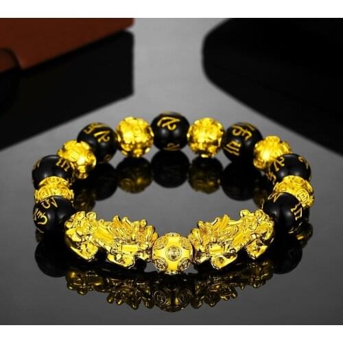 Pixiu Bracelet Vietnam Shajin Pixiu Bracelet Imitation 3D Hard Gold 99 Obsidian Lucky Buddha Bead Jewelry Does Not Fade Forever