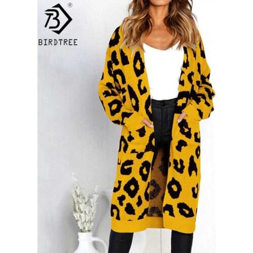 In Stock 2020 Spring Oversize 4XL-6XL Leopard Print Long Cardigans Full Sleeve Pockets Casual Knitting Sweater Outerwear C02701K