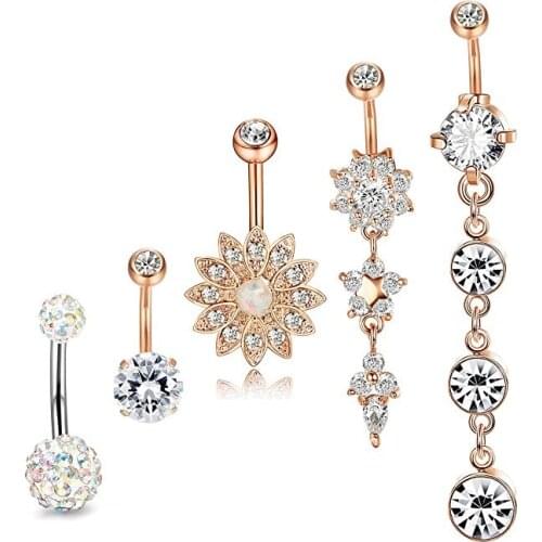 5PCS 14G Stainless Steel Belly Button Rings Navel Body Jewelry Belly Piercing CZ Inlaid