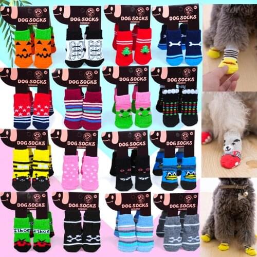 Cute Puppy Dog Knit Socks Small Dogs Cotton Anti-Slip Cat Shoes for Autumn Winter Indoor Wear Slip on Paw Protector 4pcs/Set