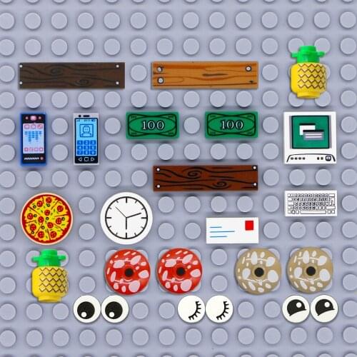 MOC Creator City Accessories Printed Tile Brick Building Blocks Phone Computer Mushroom Pizza Cash Eye Clock Mushroom TV DIY Toy