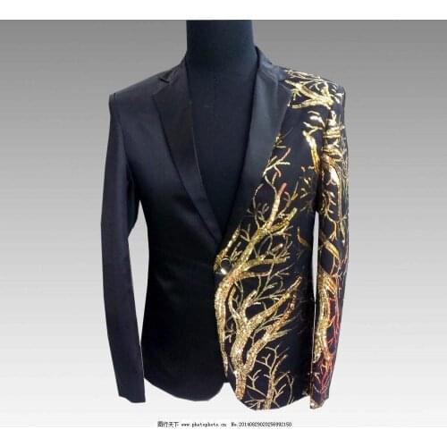 Male Lrregularity Sequins Pattern Single Button Slim Fit Blazer Jackets Personalized Mens Black Nightclub Host Casual Suits