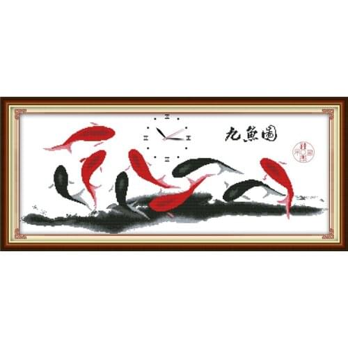 The lucky nine fishes cross stitch kit 14ct 11ct count print canvas wall clock stitching embroidery DIY handmade needlework