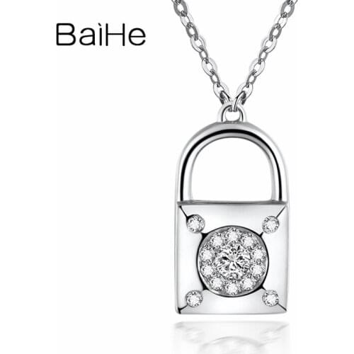 BAIHE Solid 18K White Gold 0.05ct H/SI Natural Diamond Women Trendy Fine Jewelry Elegant gift Delicate lock Diamond Necklaces