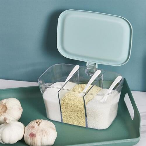 3 Grids Transparent Lid Seasoning Box with Spoon Sugar Salt Storage Box Spice Container Condiment Jar Cooking Kitchen Organizer
