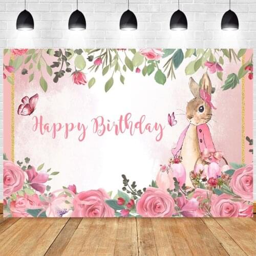 Pink Rabbit Photo Backdrop Flower Kids Happy Birthday Party Baby Shower Boys Girls Photograph Background Banner Decoration Prop