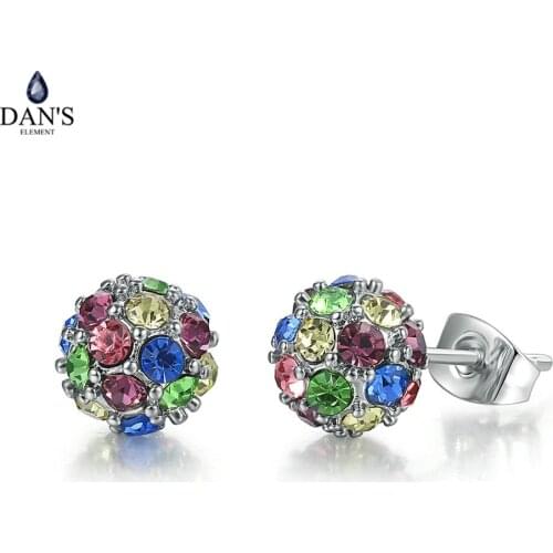 DANS ELEMENT Stud Earring For Women Colorful Crystal Ball Silver Color 8.5mm Beans Gift Fashion Jewelry DEE385