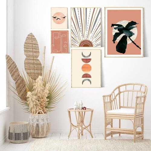 Nordic Abstract Sun and Moon Canvas Painting Small Fresh Green Plants Landscape Poster Home Living Room Wall Art Decor Pictures