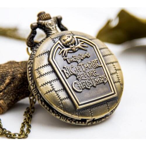 Vintage Bronze antiques Fashion quartz Modern clock Nightmare Before Christmas Necklace pocket watches gift