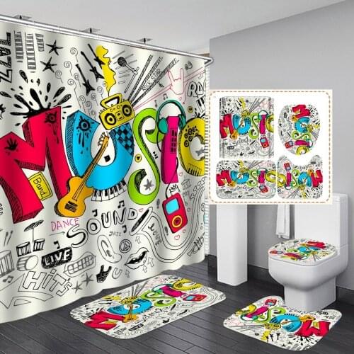 Bathroom Waterproof Shower Curtain Music Pattern 3D Carpet Set Washable Toilet Lid Cover Seat Mat Polyester Fabric Pedestal Rug