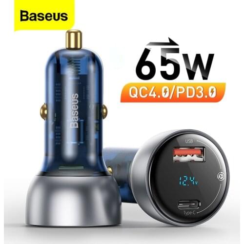 Baseus 65W USB Car Charger Quick Charge 4.0 3.0 Type C PD Fast Charging Translucent Car Phone Charger For Laptop iPhone Samsung