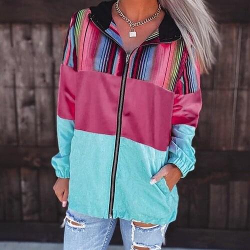 Women Windproof Jackets Hip Hop Streetwear Hooded Color Matching Sweatshirt Coat Autumn Zipper Pockets Outwear Tops Coat
