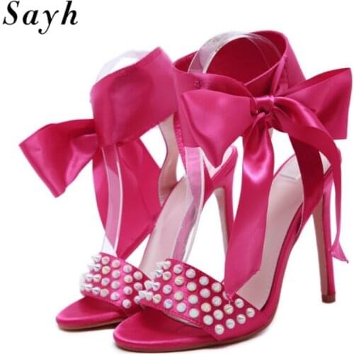 Womens Lace Up Bow-Knot Buckle Pumps Stilettos High-Heel Sandals Satin Open Toe Rivet Dress Shoes