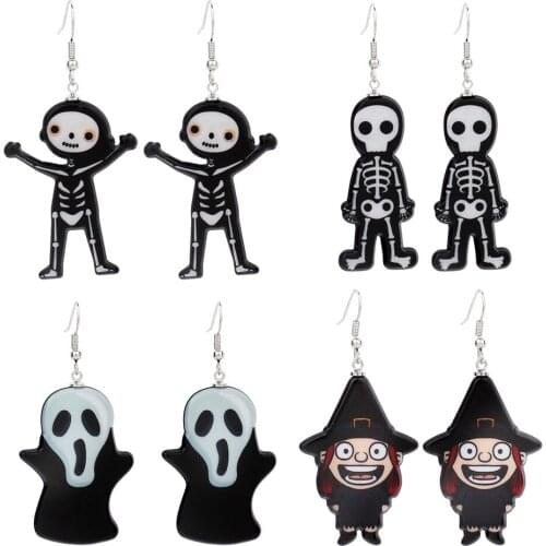 2021 Halloween Skeleton Skull Dangle Earrings for Women Girls Acrylic Funny Cute Witch Drop Earrings Jewelry Best Gift