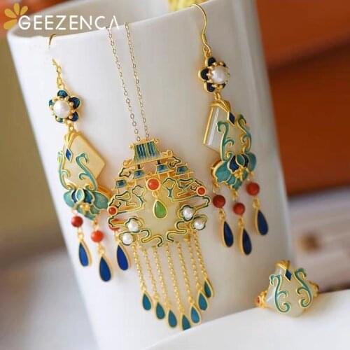 925 Sterling Silver Hetian Jade Gold-plated Jewelry Sets Ring Pendant Earrings Agate Cloisonne Craft Fine Jewel for Women Ethnic