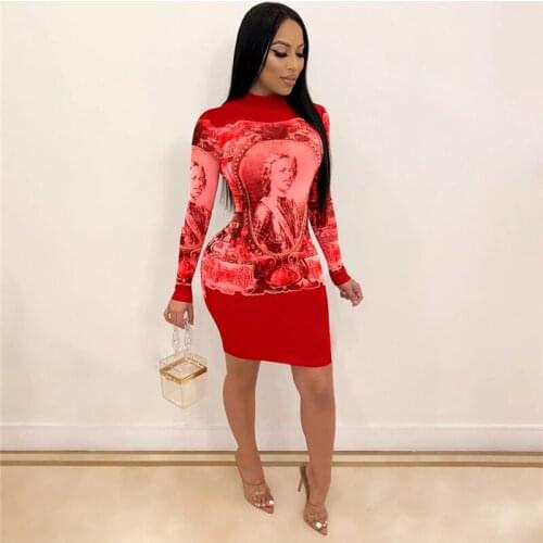 2021 Fashion Women’s Spring Fall Casual Long Sleeve Dress Round Neck Personality Character Printing Mid-waist Skinny Mini Dress
