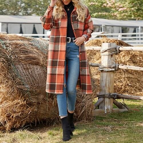 Women Winter Coat Wool 2021 New Plaid Fashion Fall Clothes For Women Long Blends Turn-Down Collar Plus Size Streetwear G2930