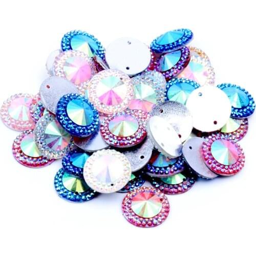 16mm 100pcs Sew On Round Cabochons Surface Resin Rhinestones AB Colors Flatback DIY Crafts Jewelry Making Garment Decorations