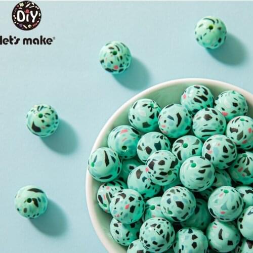 Lets Make Silicone Bead Teether Round Printing 5PC 15mm Food Grade Materials DIY Crafts Baby Teether Safe Rattle Beads